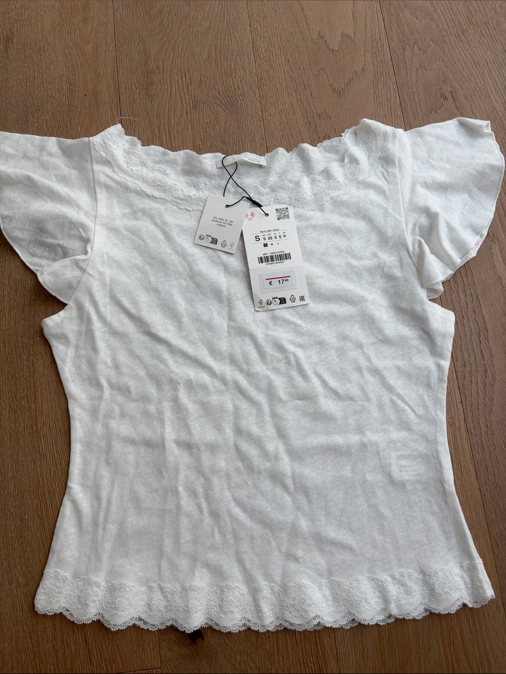 Zara White Short Sleeve Lace-Trim Tee Top